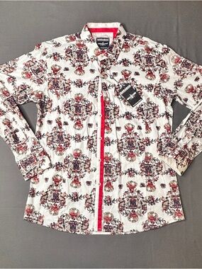 Barabas Royal Crest White Red Printed Long-Sleeve Shirt Jacket